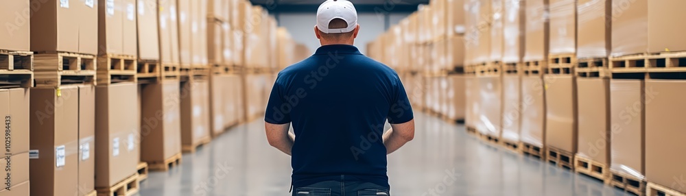 Worker in warehouse, surrounded by stacked boxes, focused on tasks ahead. Worker in warehouse, surrounded by stacked boxes, focused on tasks ahead.