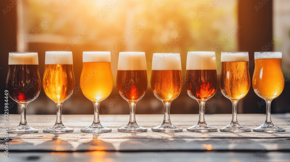 Row of beer glasses with different brews, sunlight reflecting through golden hues, casual gathering Row of beer glasses with different brews, sunlight reflecting through golden hues, casual gathering