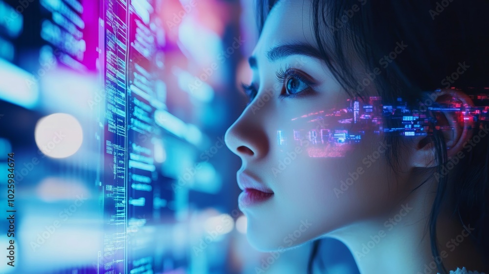 Woman Looking at Digital Code Screen. Woman Looking at Digital Code Screen.