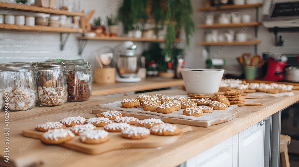 A cozy kitchen counter filled with decorated cookies, baking supplies, and glass jars, creating a warm, inviting baking atmosphere. A cozy kitchen counter filled with decorated cookies, baking supplies, and glass jars, creating a warm, inviting baking atmosphere.