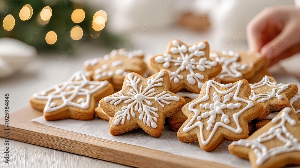 Festively decorated star-shaped cookies on a wooden board, perfect for holiday celebrations, with a soft, warm background setting. Festively decorated star-shaped cookies on a wooden board, perfect for holiday celebrations, with a soft, warm background setting.