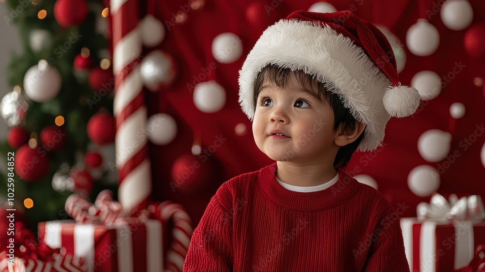 A cheerful child in a Santa hat gazes upward against a festive red backdrop with Christmas decorations and gifts, embodying holiday spirit. A cheerful child in a Santa hat gazes upward against a festive red backdrop with Christmas decorations and gifts, embodying holiday spirit.