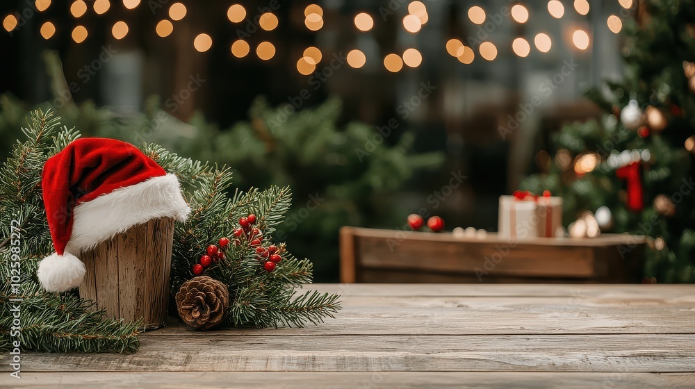 Obraz premium A festive scene featuring a decorated wooden table with a Santa hat, pine branches, pinecones, and blurred Christmas lights in the background.