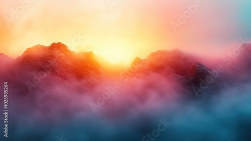 A vibrant scene of rugged mountains drenched in surreal colors as the sun rises or sets, casting a mystical aura and inviting emotions of hope and wonder. photo