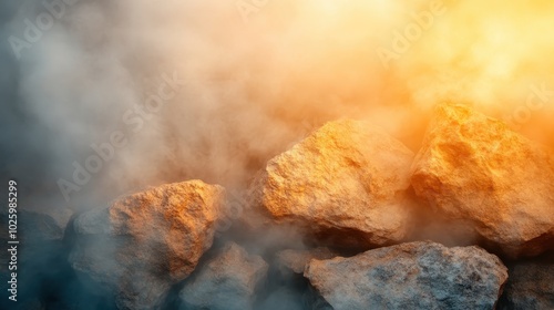 Golden-hued rocks are immersed in a warm, ethereal fog, highlighting the rich textures and forming a magical scene that conveys a sense of adventure and exploration. photo