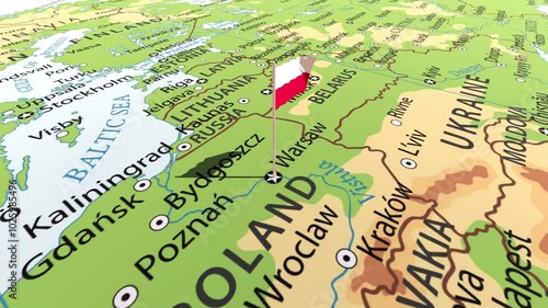 Poland flag waving on the map