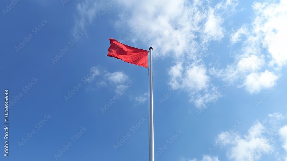 Vibrant red flag fluttering in the wind against a serene sky, symbol of significance Vibrant red flag fluttering in the wind against a serene sky, symbol of significance