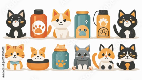 Wallpaper Mural 3d cute dog and cat, feed pet bowl and metal can, massage ball vector icon set, cartoon pet toys, accessories and food Torontodigital.ca