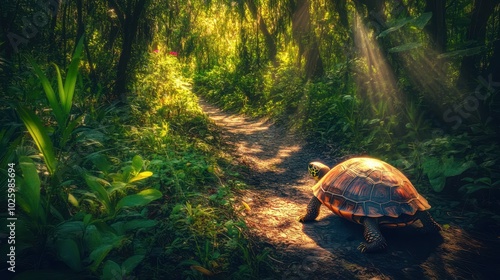 Turtle crawling slowly along a forest path surrounded by vibrant green vegetation and dappled sunlight filtering through trees photo