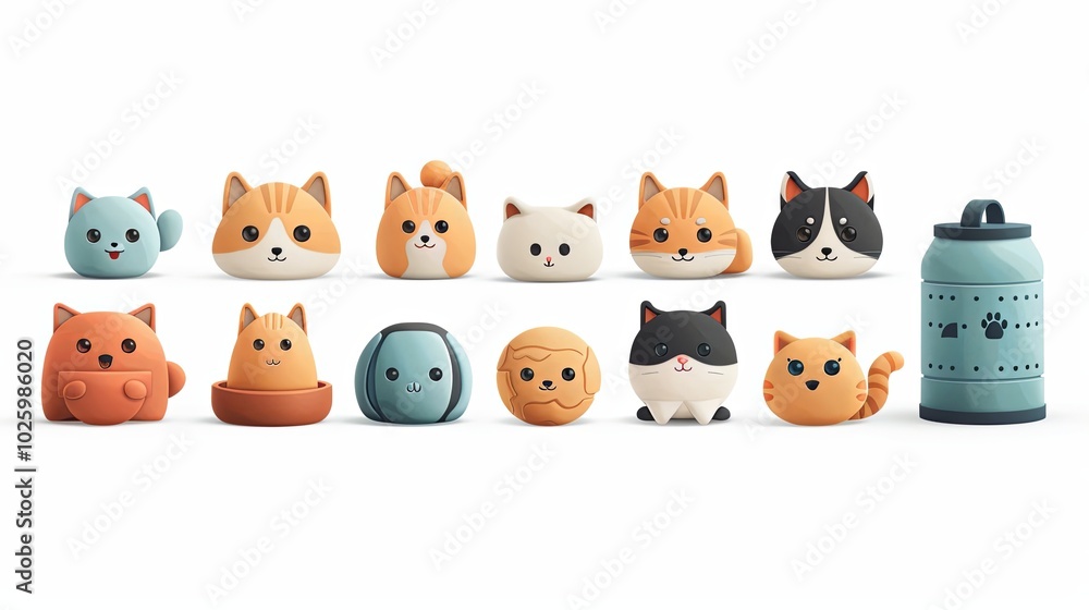 3d cute dog and cat, feed pet bowl and metal can, massage ball vector icon set, cartoon pet toys, accessories and food 3d cute dog and cat, feed pet bowl and metal can, massage ball vector icon set, cartoon pet toys, accessories and food