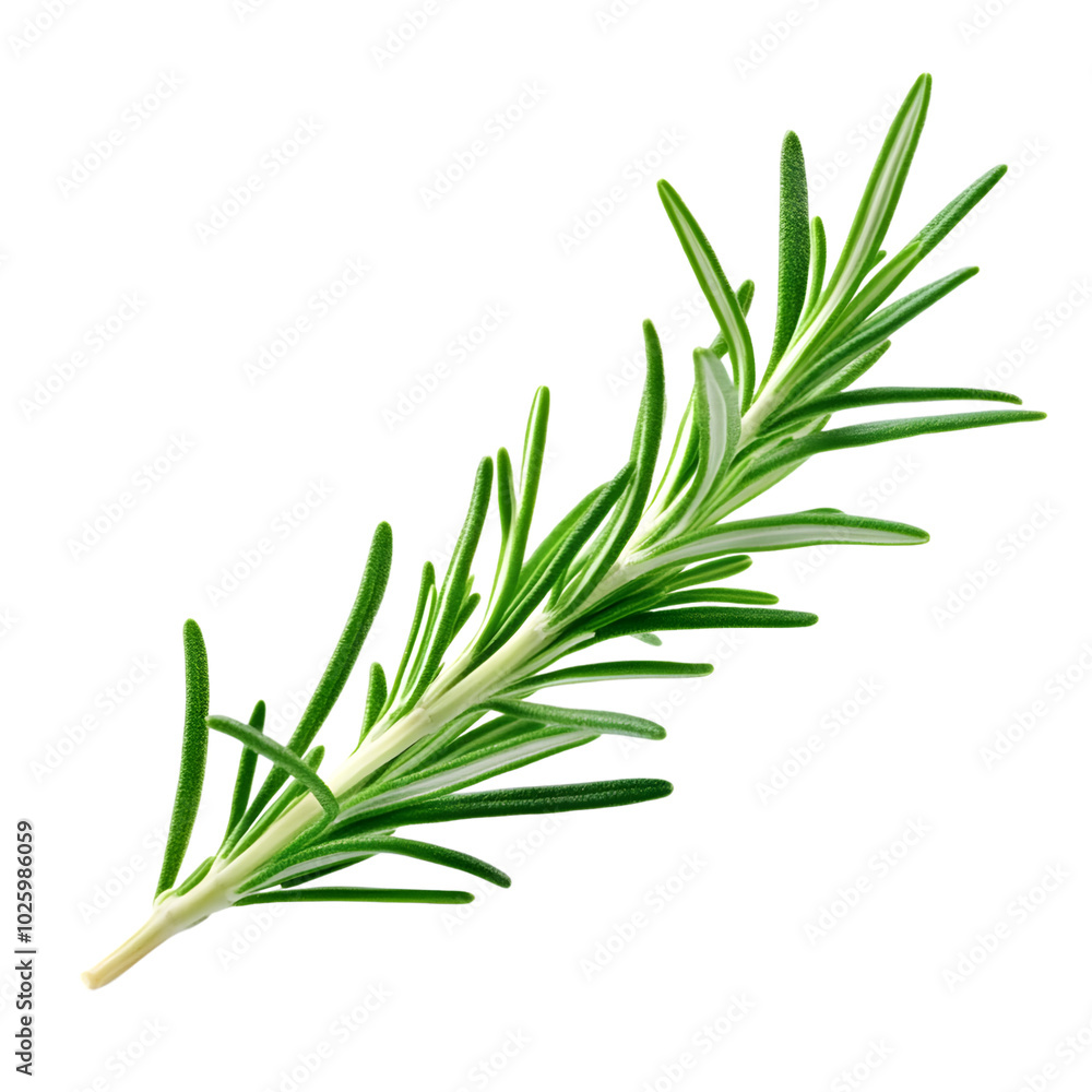 Fototapeta premium A vibrant green rosemary sprig isolated on a black background, showcasing its needle-like leaves and aromatic qualities.