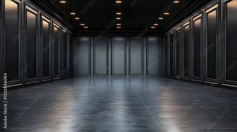 A dark, modern interior space with sleek black walls and polished flooring, illuminated by overhead lights, creating an elegant yet minimalistic atmosphere. A dark, modern interior space with sleek black walls and polished flooring, illuminated by overhead lights, creating an elegant yet minimalistic atmosphere.