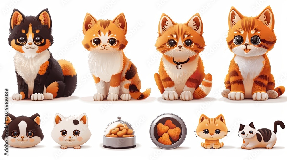 3d cute dog and cat, feed pet bowl and metal can, massage ball vector icon set, cartoon pet toys, accessories and food 3d cute dog and cat, feed pet bowl and metal can, massage ball vector icon set, cartoon pet toys, accessories and food