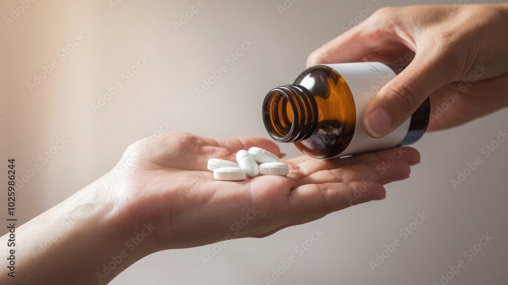 Woman’s hand pouring white pills from a medicine bottle into her palm, focusing on healthcare risks Woman’s hand pouring white pills from a medicine bottle into her palm, focusing on healthcare risks