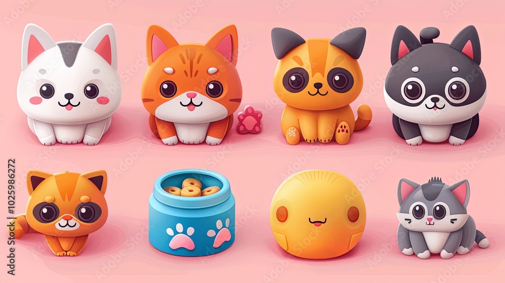 3d cute dog and cat, feed pet bowl and metal can, massage ball vector icon set, cartoon pet toys, accessories and food 3d cute dog and cat, feed pet bowl and metal can, massage ball vector icon set, cartoon pet toys, accessories and food
