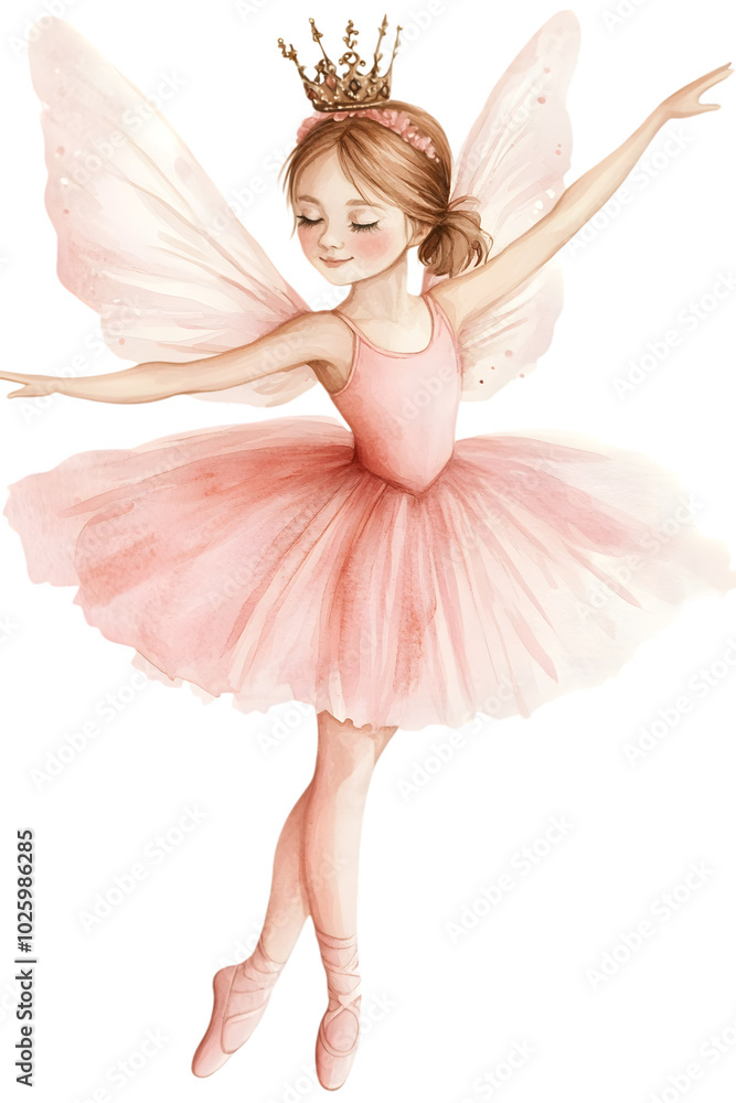 A whimsical fairy dancer with pink wings and a crown, gracefully poised in a pink tutu, embodying charm and enchantment. A whimsical fairy dancer with pink wings and a crown, gracefully poised in a pink tutu, embodying charm and enchantment.