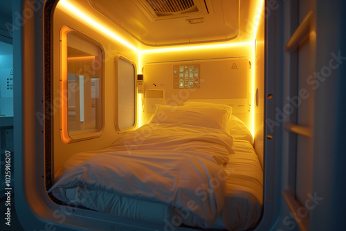 Efficient capsule hotel room setup with a sliding door and ambient lighting, compact capsule layout. Small, futuristic capsule hotel room with a single bed, designed for solo travelers photo