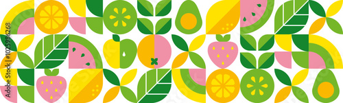 Abstract geometric background. Set of icons in simple flat style. Seamless pattern.Fresh organic food.Fruits, leaves and berries. Watermelon, apple, strawberry and orange slices.Vector illustration.