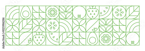Abstract geometric linear background.Fresh organic food.Fruits, leaves and berries. Watermelon, avocado, strawberry and orange slices.Vector monochrome illustration.Set of icons in simple flat style.