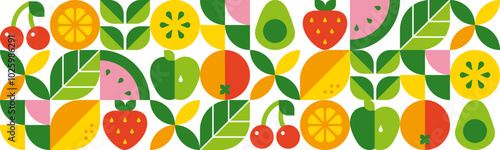 Abstract geometric background. Set of icons in simple flat style. Seamless pattern.Fresh organic food.Fruits, leaves and berries. Watermelon, cherry, strawberry and orange slices.Vector illustration.
