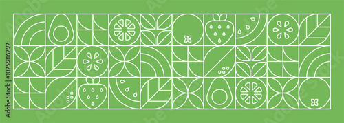 Abstract geometric linear background.Fresh organic food.Fruits, leaves and berries. Watermelon, avocado, strawberry and orange slices.Vector monochrome illustration.Set of icons in simple flat style.