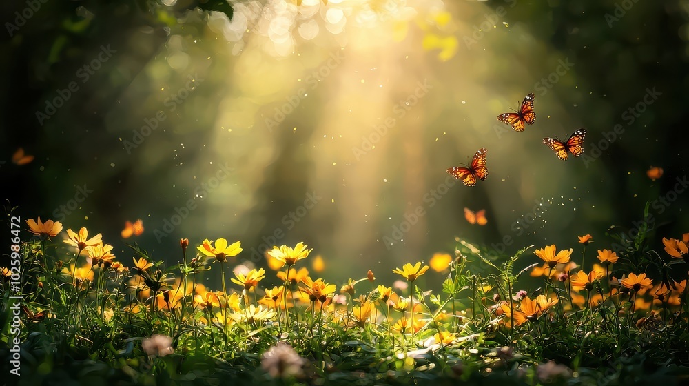 Obraz premium A serene scene of bright flowers and butterflies, illuminated by soft sunlight filtering through trees, creating a magical, natural ambiance.