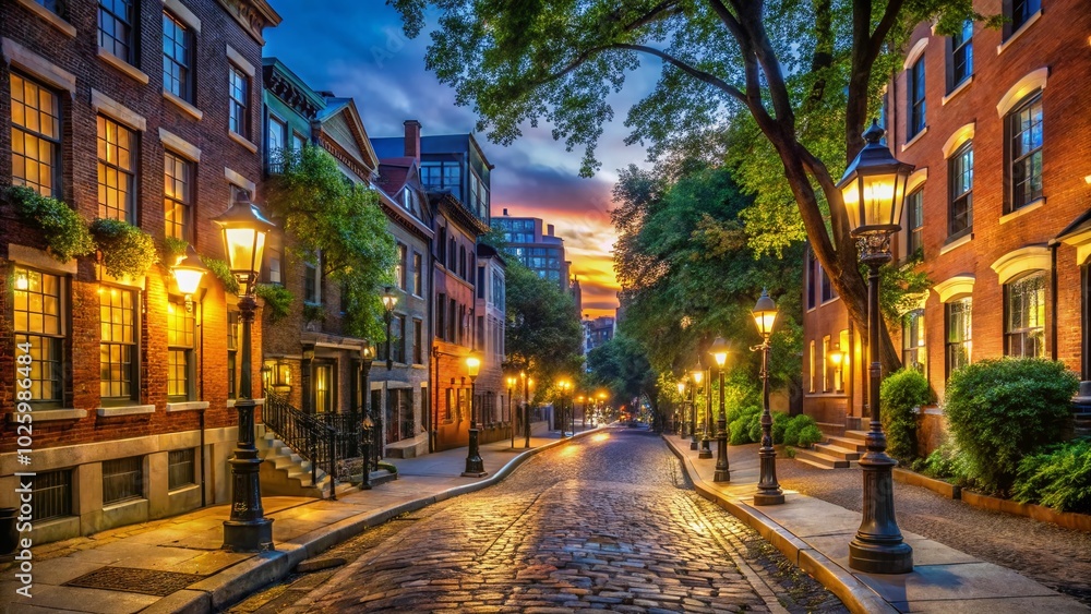 Fototapeta premium Night Photography at Crossroads of Mount Vernon and Charles Street in Boston