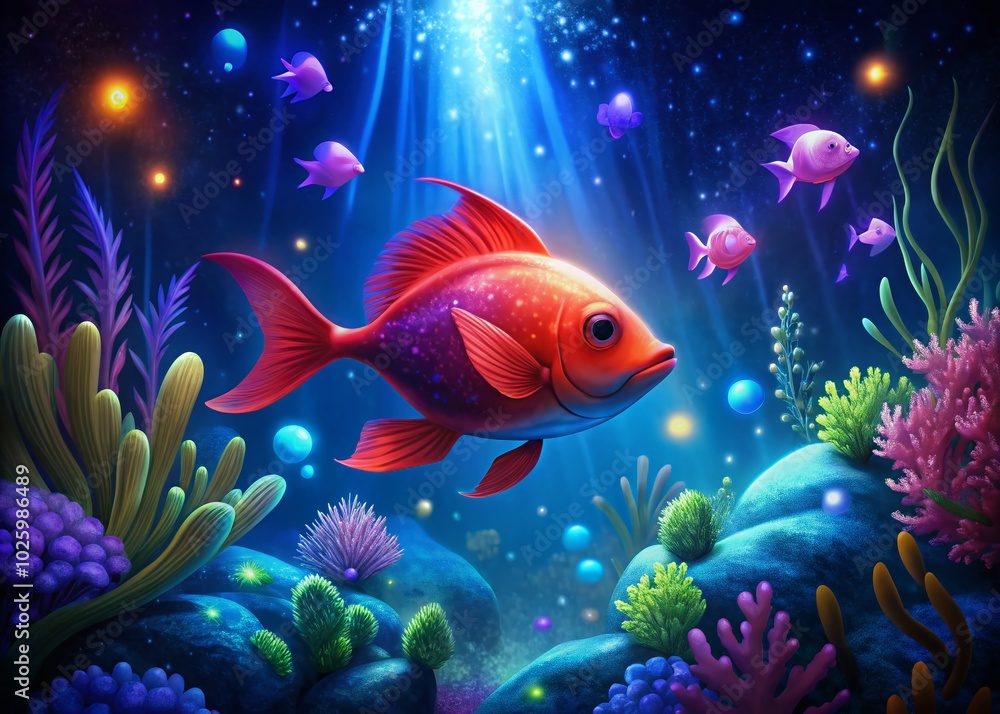 Night Photography of a Cartoon Red Fish in an Underwater Wonderland Night Photography of a Cartoon Red Fish in an Underwater Wonderland