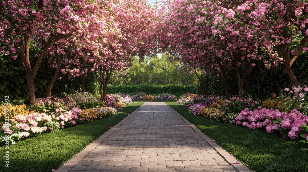 A picturesque pathway lined with blooming pink trees and vibrant flowers, inviting tranquility and beauty in a serene garden setting. A picturesque pathway lined with blooming pink trees and vibrant flowers, inviting tranquility and beauty in a serene garden setting.