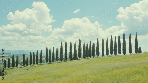 Row of Cypress Trees on a Rolling Green Hill with Blue Sky and White Clouds