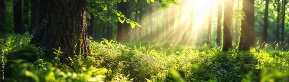 Fototapeta premium Enchanting sunlight illuminates a verdant forest canopy, creating captivating display of nature's beauty