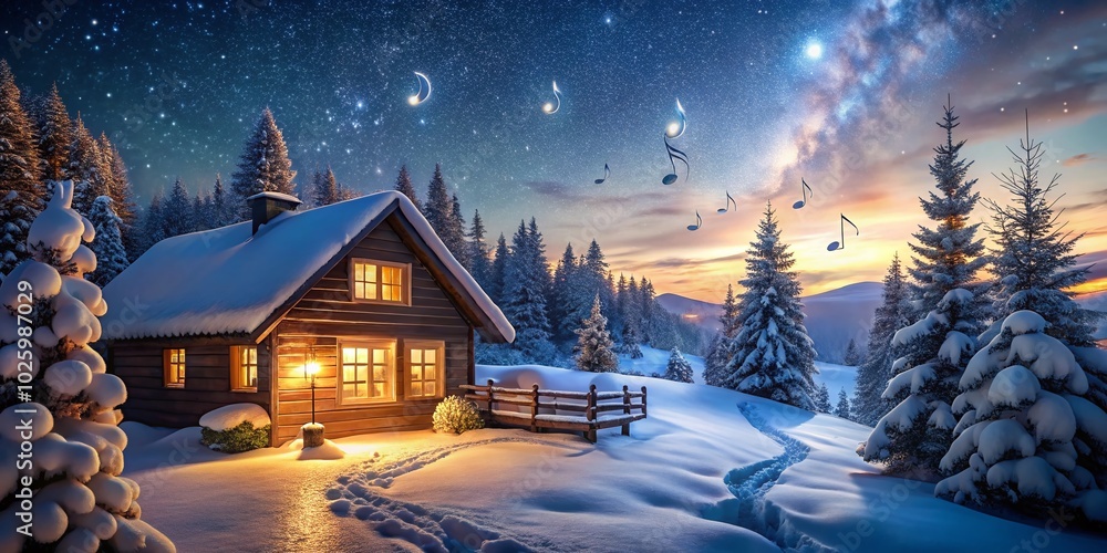 Fototapeta premium Night Photography of a Winter Wonderland with Music Vibes and Starry Skies