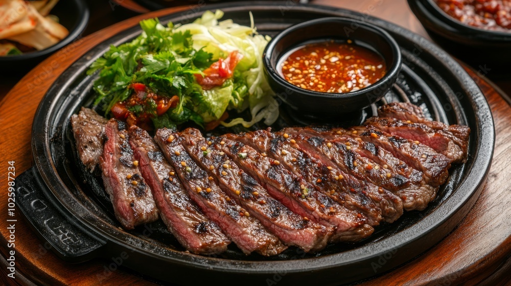 Grilled Steak with Spicy Sauce and Salad. Grilled Steak with Spicy Sauce and Salad.