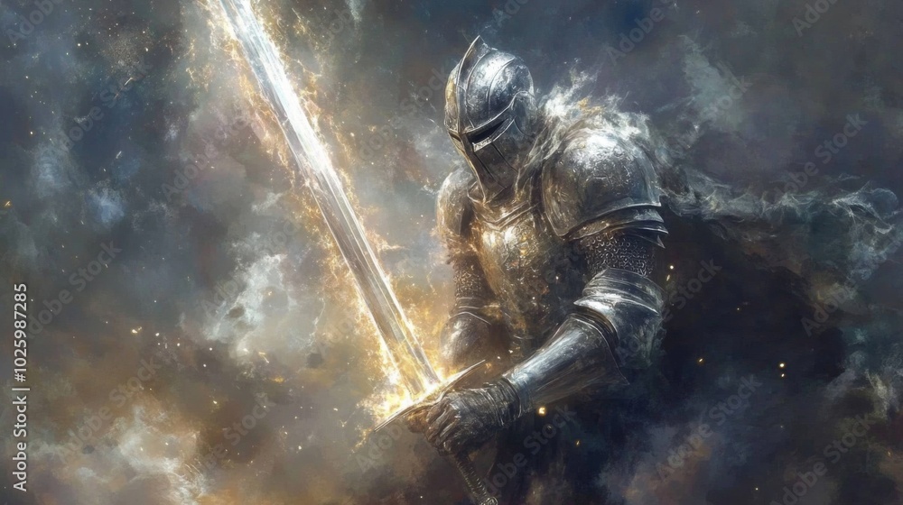 A knight in shining armor stands with a glowing sword, ready for battle. A knight in shining armor stands with a glowing sword, ready for battle.