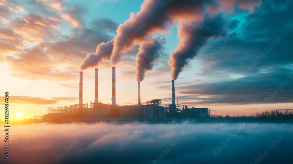 Industrial factory with smoke stacks, a glimpse into manufacturing and its environmental impact Industrial factory with smoke stacks, a glimpse into manufacturing and its environmental impact