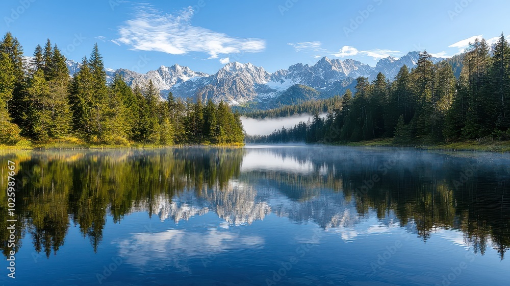 A serene lake reflects towering mountains and a clear blue sky, surrounded by lush greenery and soft mist, creating a tranquil natural landscape. A serene lake reflects towering mountains and a clear blue sky, surrounded by lush greenery and soft mist, creating a tranquil natural landscape.