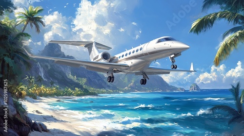 Private jet landing on a tropical beach with mountains in the background