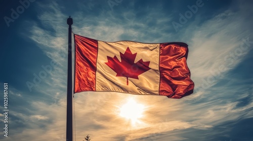 Majestic canadian flag waving proudly, a symbol of freedom and national identity photo