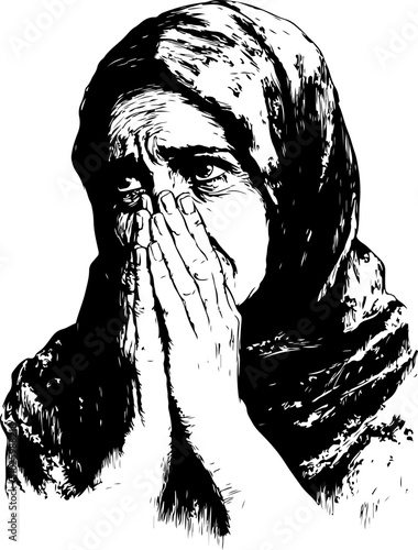 Sad Woman in Headscarf Vector Illustration