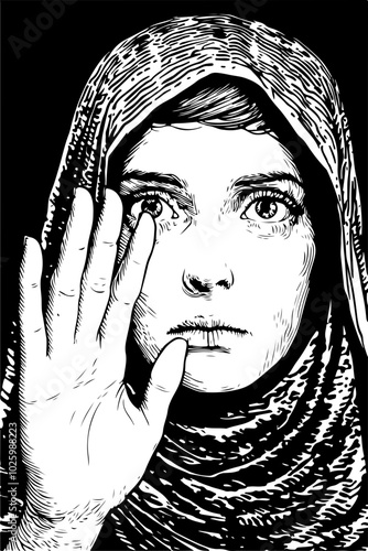 Vector Art of a Woman in Headscarf Expressing Emotion