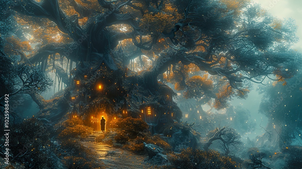 Obraz premium Enchanted Forest Tree House with Glowing Lights