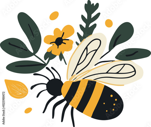 Vector Art of Bee Amidst Flowers and Leaves