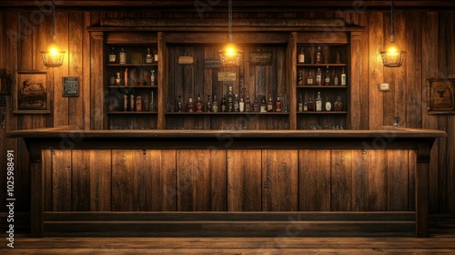 Wallpaper Mural A realistic close-up of a saloon bar interior featuring weathered wood paneling, classic swinging doors in the background, and dimmed yellow lighting creating a nostalgic mood, with copy space to the Torontodigital.ca