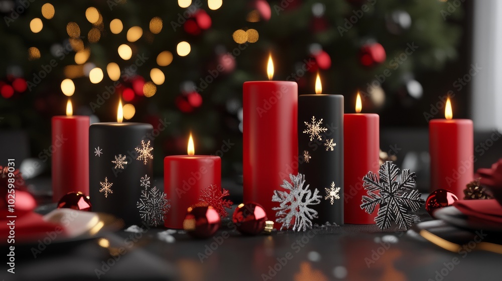 Red and Black Christmas Candles with Snowflakes Red and Black Christmas Candles with Snowflakes