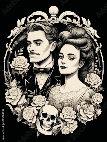 A Victorian Couple Framed by Roses and a Skull photo