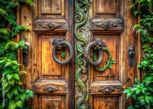 Old Door with Snake-Shaped Handles in HDR – Captivating Architectural Detail photo