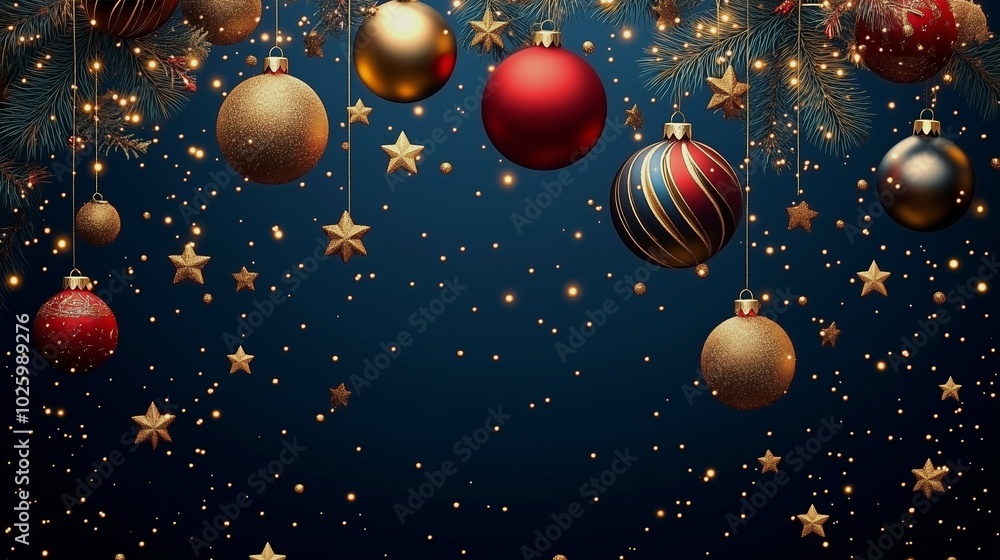 Christmas ornaments and stars hanging with sparkling lights in the background Christmas ornaments and stars hanging with sparkling lights in the background