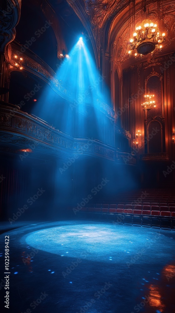Obraz premium Theater stage illuminated by dramatic blue lighting during a performance at night