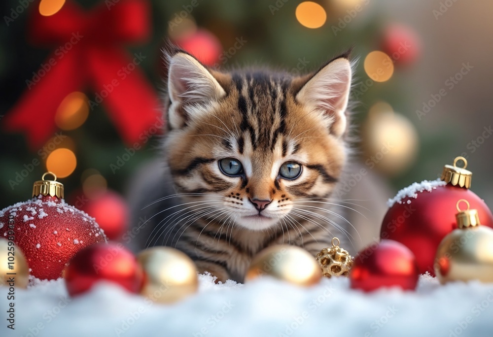 Cute tabby kitten surrounded by red and gold Christmas ornaments, resting on snow with a soft bokeh background. Perfect for festive holiday themes and winter scenes Cute tabby kitten surrounded by red and gold Christmas ornaments, resting on snow with a soft bokeh background. Perfect for festive holiday themes and winter scenes