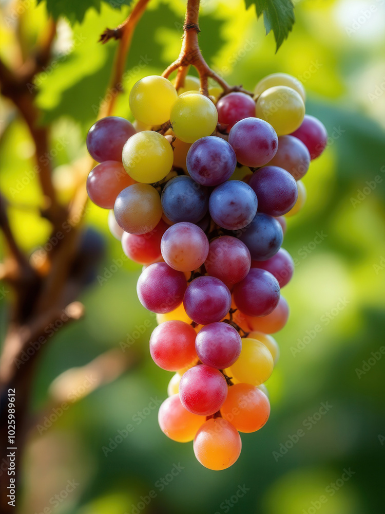 A close-up of a bunch of grapes ripening on a grape vine. A close-up of a bunch of grapes ripening on a grape vine.